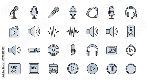 A comprehensive collection of audio and music-related line icons, featuring microphones, headphones, speakers, sound waves, play buttons, and recording symbols, perfect for graphic design, web