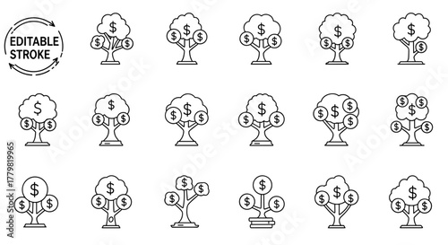 Collection of Money Tree Outline Icons with Dollar Signs, Perfect for Infographics, Articles, Books, Flyers, and Banners, Editable Stroke Vector Cartoon Illustrations