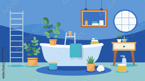 A bathroom with a freestanding bathtub and a wooden ladder shelf holding plush towels and candles. The walls are painted a soft blue and there are potted plants tered throughout