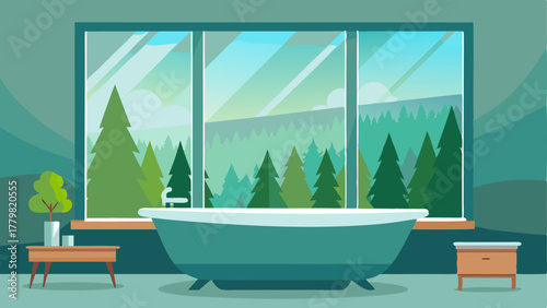A bathroom with a sleek and simple design featuring a freestanding bathtub and a large window overlooking a forest.