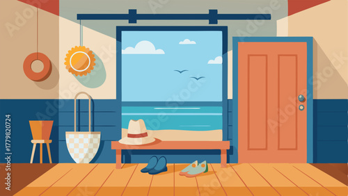 A beach house entryway with a wooden bench and coat rack adorned with beach hats and baskets filled with seashells.