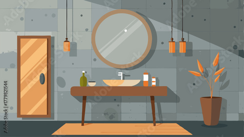 A bathroom with concrete walls and warm wooden accents accompanied by a large vintage mirror.