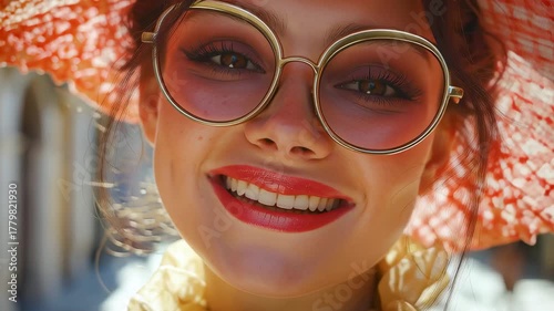 Radiant Beauty: A woman, wearing fashionable spectacles and a charming hat, exudes joy and elegance as she basks in the sunlight. A glimpse into a world of carefree moments and refined style.