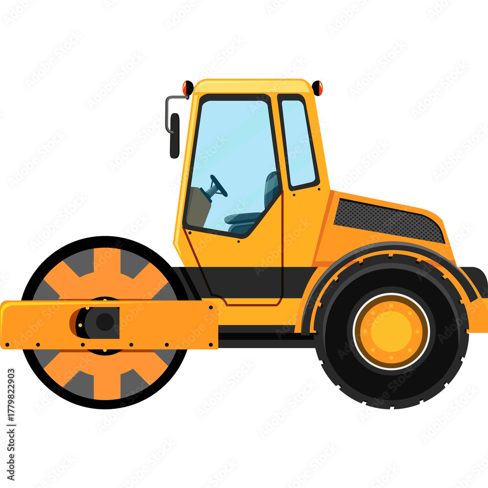 Naklejka premium Yellow steamroller construction vehicle with large roller and black wheels on a transparent background representing road work and heavy machinery
