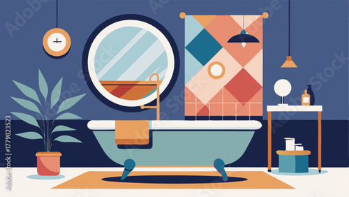 A bathroom with a mix of modern and vintage decor including a clawfoot bathtub and a contemporary geometric mirror.