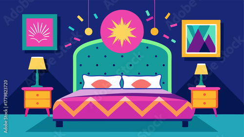 A bedroom is full of playful touches such as a statement headboard upholstered in a bright graphic print and a neon sign hanging above the bed.