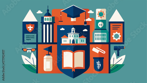 A bookmarkshaped artwork hanging on the wall featuring the different majors and departments offered at the university.