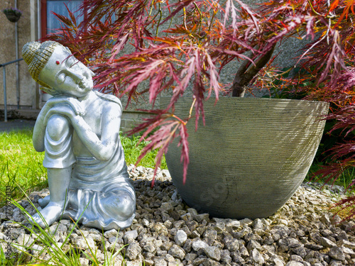 Fotografie Ceramic Buddha in garden in front of Japanese maple tree with red leaves in large gray pot