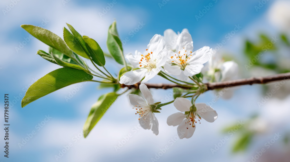 Obraz premium Apple tree branches in full bloom with white blossoms and light green leaves against blue sky