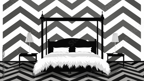 A bedroom with black and white chevron print wallpaper a black fourposter bed and a white faux fur rug.