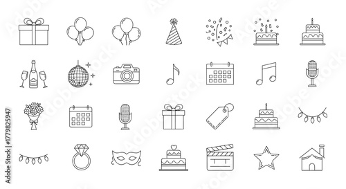 A comprehensive collection of minimalist, outline-style line icons representing various event and decor elements, perfect for party planning graphics. This set includes gifts, balloons, cakes