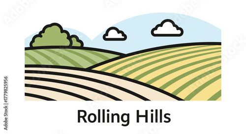 Stylized illustration of rolling hills with striped fields of green and yellow, a lush green bush, and fluffy white clouds against a light blue sky, representing a vibrant agricultural landscape and