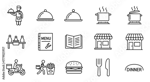 A comprehensive line art icon set representing various aspects of the restaurant business and food delivery services, including a server with a meal, cooking pots, a menu, restaurant storefronts, a