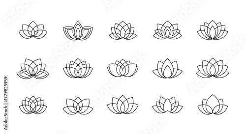 Set of 15 abstract line art lotus flower logos and icons, presented in a clean, modern, and minimalist style on a white background, perfect for branding, wellness, and spiritual themes.