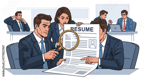 Business professionals meticulously review a candidate's resume using a magnifying glass, symbolizing a thorough recruitment and selection process for job vacancies and hiring qualifications