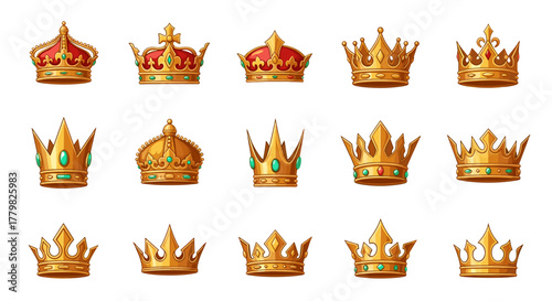 Collection of exquisite golden crowns, meticulously designed with vibrant gemstones and intricate details, presented on a clean white background, perfect for royalty, luxury, and achievement-themed