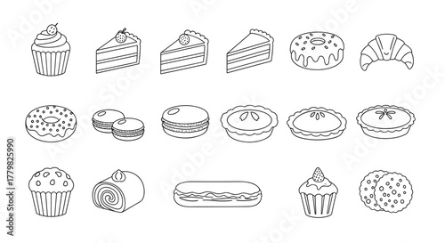 Collection of Outline Icons Featuring Assorted Cakes and Pastries, Including Cupcakes, Slices of Cake, Donuts, Croissants, Macarons, Pies, Swiss Rolls, Eclairs, and Cookies, Perfect for Infographics
