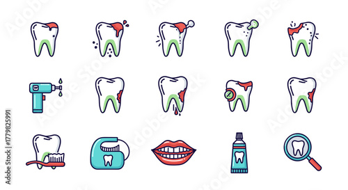 Set of modern outline style icons representing dental caries and oral hygiene, including teeth with cavities, bleeding gums, dental drill, toothbrush, floss, toothpaste, magnifying glass, and healthy