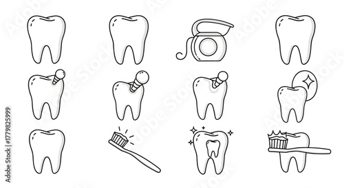Collection of dentistry-related line icons, featuring healthy teeth, teeth with dental implants, teeth with caries, dental floss, and a toothbrush with toothpaste, representing dental care, oral