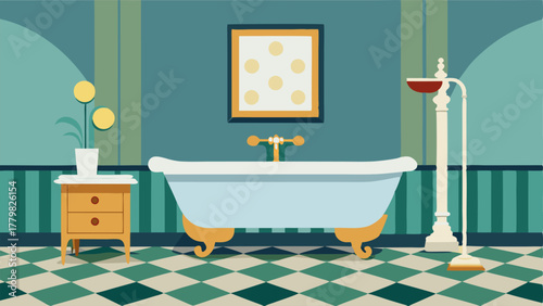 A bathroom with a clawfoot tub a modern pedestal sink and a vintageinspired patterned floor tile.