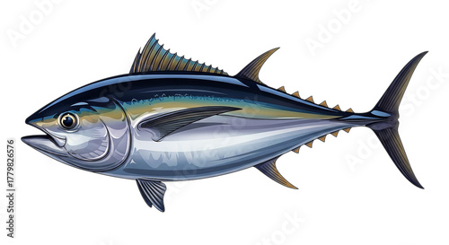 Detailed illustration of a bluefin tuna fish on a black background
