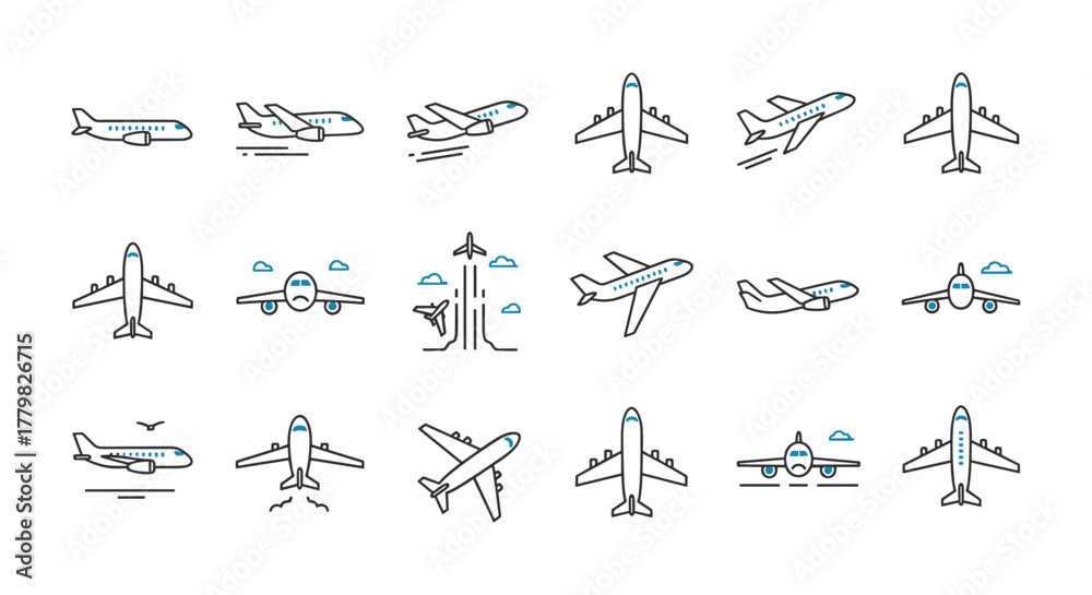 Fototapeta premium Collection of minimalistic line art airplane and jet icons, symbolizing air travel, aviation, and transportation. This vector set features various aircraft designs, including planes in flight, taking