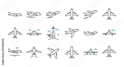 Collection of minimalistic line art airplane and jet icons, symbolizing air travel, aviation, and transportation. This vector set features various aircraft designs, including planes in flight, taking