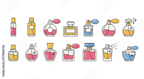 Collection of assorted perfume bottles in a flat outline style, featuring various shapes, colors, and spray mechanisms, presented on a clean white background, ideal for graphic design, web, apps, and