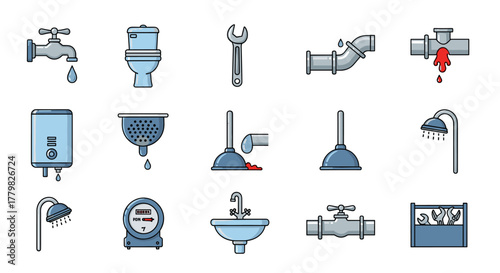 Collection of plumbing-related icons and illustrations, featuring a faucet, toilet, water heater, shower, sink, pipes with leaks, plungers, wrench, toolbox, and water meter, presented in a clean