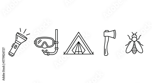 A collection of five simple, black and white line icons representing camping and outdoor activities, including a flashlight, a diving mask with snorkel, a triangular tent, an axe, and a fly or bee