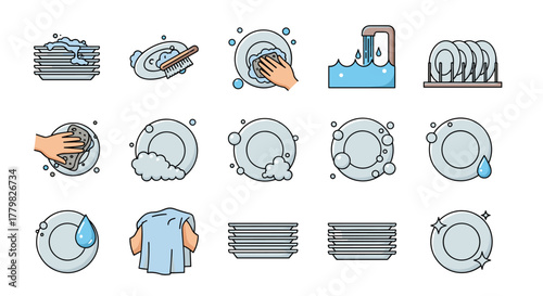 Set of cartoon vector icons illustrating the process of washing dishes, including stacks of plates, scrubbing with a brush and sponge, water from a faucet, bubbles, a drying cloth, and sparkling