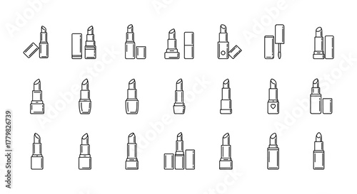 Collection of minimalistic thin line icons representing various lipstick styles and applicators, perfect for web design, graphic design, apps, banners, social networks, and cards. This vector cartoon