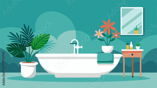 A bathroom with a white bathtub and modern white porcelain sink accessorized with a small vase of tropical flowers.