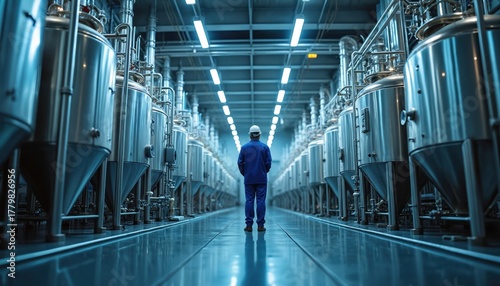 Modern factory worker inspects large metal tanks in industrial plant. Engineers oversee chemical synthesis production line for electronics manufacturing, clean facility.