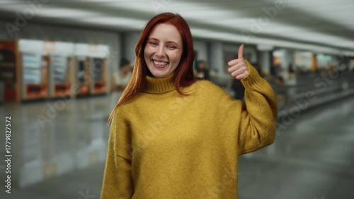 Woman with red hair smiling and gesturing positively in an airport terminal showcasing cheerful expression and casual fashion indoors under bright lighting.