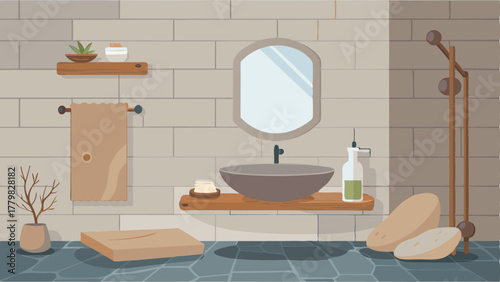 A bathroom featuring a stone vessel sink a driftwood mirror frame and a shower with natural stone tiles.