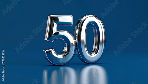 Number 50 in shiny silver metallic finish, elegant reflections, blue background, modern design