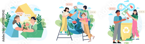 Nature icon Smart technolog.Circular economy and waste recycling technology, environmental research set. A selection of illustrations on the topic of ecology