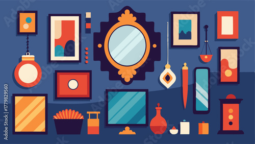 A bold and eclectic gallery wall featuring a mix of vintage frames woven wall hangings and mirrors in a variety of sizes and shapes.