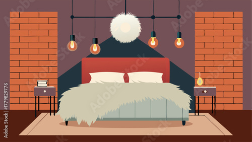 A bedroom with a brick accent wall a faux fur bedspread and a chandelier made of exposed light bulbs and metal piping.