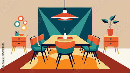 A bold patterned rug anchors a midcentury modern dining room surrounded by a mix of vintage and modern chairs. A statement light fixture hangs above the table adding a touch of