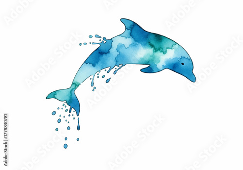 Watercolor art of a jumping dolphin with a splash and splatter effect, blue and turquoise colors, 