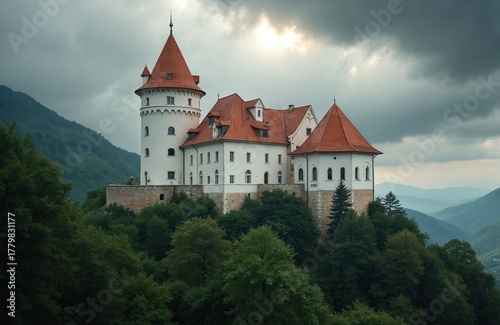 White castle with red roof sits on green forested hill. Tower and multiple buildings stand against cloudy sky. Distant hazy mountains form backdrop. Estate looks historic.