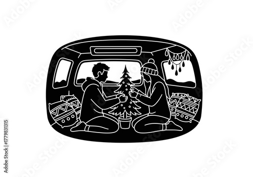 Couple decorating Christmas tree inside van for holiday travel icon use