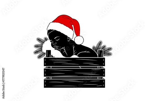 Baby in Santa hat yawning in wooden box for Christmas illustrations
