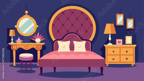 A bedroom with a vintage vanity table a velvet tufted headboard and a mix of vintage mirrors and wall art.