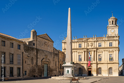 Bild auf Leinwand Arles, Provence, France - Town hall at Republic Square (Place de la République) with obelisk