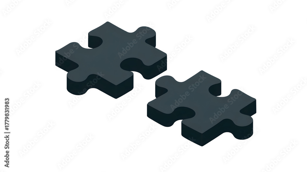 Fototapeta premium Two dark charcoal gray puzzle pieces interlocking isometric isolated on a transparent background