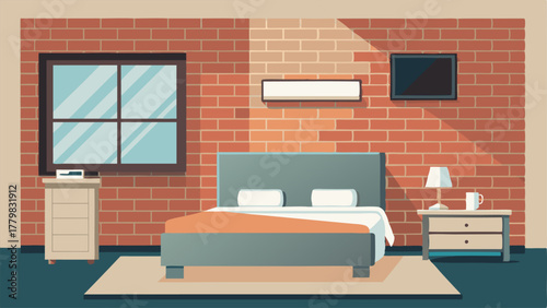 A bedroom with exposed brick walls a platform bed with neutral linens and a wallmounted TV.