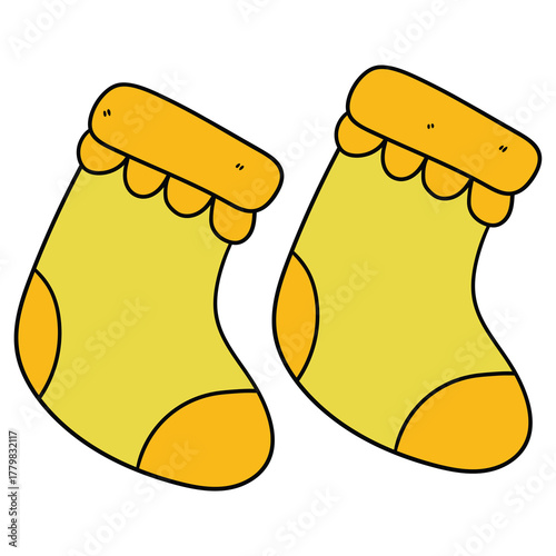 Hand-drawn cartoon pair of baby yellow socks on a white background.